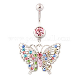 Anneau de ventre breloque papillon strass, anneau de nombril, bijoux piercing pour femmes, colorées, 45x27mm, pin: 1.6 mm, tête: 5 mm