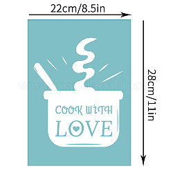 Plantilla de serigrafía autoadhesiva, para pintar sobre madera, tela de camiseta de decoración de diy, olla con la palabra cocinar con amor, el cielo azul, 28x22 cm