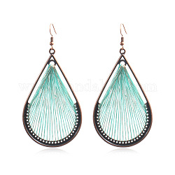 Bohemia Style Alloy Dangle Earrings, with Cotton Thread and Metallic Cord, Teardrop, Red Copper, Aquamarine, 93x45mm