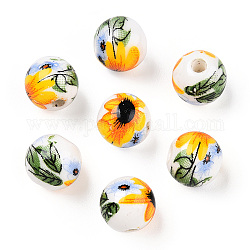 Manuell Porzellan Perlen, rund mit Sonnenblumenmuster, weiß, 8 mm, Bohrung: 1.8 mm