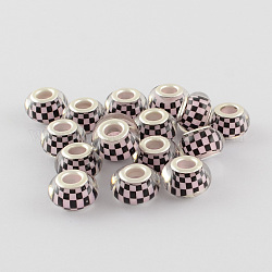 Mosaic Pattern Acrylic European Beads, with Silver Tone Brass Double Cores, Large Hole Rondelle Beads, Pink, 14x9mm, Hole: 5mm
