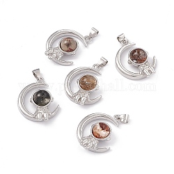 Natural Lodolite Quartz Pendants, Moon with Spaceman Charms, with Platinum Tone Brass Findings, 26x20x8.5mm, Hole: 3.5x5mm