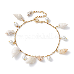 Tobilleras con dijes de perlas de vidrio y concha en espiral natural, dorado, 8-1/4 pulgada (21 cm)