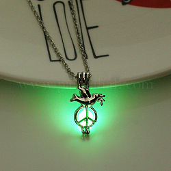 Signe de paix en alliage avec collier pendentif cage tortue colombe avec pierre lumineuse synthétique, bijoux phosphorescents pour femme, aigue-marine, 17.72 pouce (45 cm)