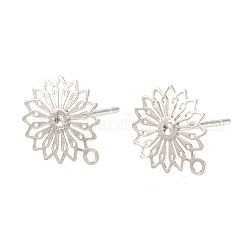 Brass Stud Earring Findings, with Loop, Flower, Nickel Free, Real Platinum Plated, 11.5x10mm, Hole: 1mm, pin: 0.7mm