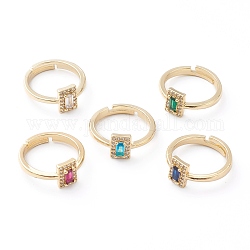 Adjustable Brass Micro Pave Cubic Zirconia Finger Rings, Long-Lasting Plated, Rectangle, Real 18K Gold Plated, Mixed Color, US Size 6(16.5mm)