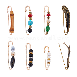 Nbeads 8Pcs 8 Style Branch & Feather & Bamboo Shape Alloy & Iron Safety Pin Brooches, Resin & Acrylic Imitation Gemstone Beaded Badges for Backpack Clothes, Mixed Color, 58~87.5x15.5~21x3~20mm, 1Pc/style