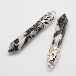 Ciondoli con diaspro zebrato naturale, con accessori in lega, proiettile, platino, 57~63x13x10mm, Foro: 3x4 mm