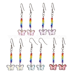 Glass Butterfly Dangle Earrings, 304 Stainless Steel Long Drop Earrings, Mixed Color, 55x14.5mm