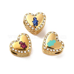 Perles européennes en 304 acier inoxydable, Perles avec un grand trou   , avec strass et émail, coeur avec garçon, couleur mixte, or, 11.5x12.5x8.2mm, Trou: 4.2mm