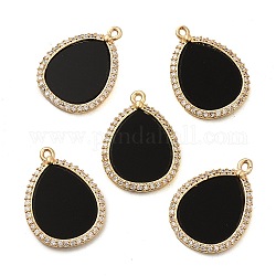 Natural Obsidian Pendants, Teardrop Charms with Rack Plating Gloden Tone Brass Micro Pave Clear Cubic Zirconia Findings, 20.5x15x2mm, Hole: 1mm
