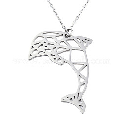 201 Stainless Steel Dolphin Pendant Necklaces, with Cable Chains, Stainless Steel Color, 17.5 inch~17.9 inch(44.5~45.5cm), 1.5mm, Dolphin: 31.5x40x1mm