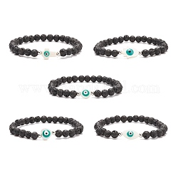 Natural Lava Rock & Shell with Evil Eye Beaded Stretch Bracelet, Essential Oil Gemstone Jewelry for Women, Teal, Inner Diameter: 2-1/4 inch(5.6cm)