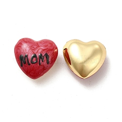 Abalorios de esmalte de bronce, real 18k chapado en oro, Plateado de larga duración, corazón con la palabra mamá, rojo, 17.5x18x10mm, agujero: 2 mm