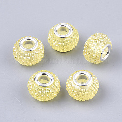 Perles européennes en résine avec strass, Perles avec un grand trou   , en laiton de tonalité de platine noyaux doubles, couleur ab , rondelle, perles baies, champagne jaune, 14x10mm, Trou: 5mm