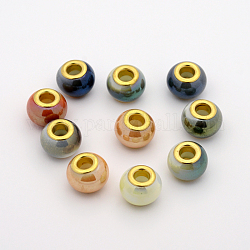 Verre nacré perles européennes, perles de rondelle avec grand trou , avec des noyaux de laiton de ton or, couleur mixte, 14x10mm, Trou: 5mm