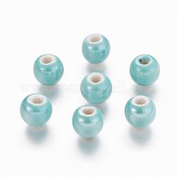 Pearlized Aquamarin handgefertigten Porzellan runden Perlen, 10 mm, Bohrung: 2~3 mm