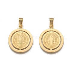 304 Stainless Steel Pendants, Flat Round with Saint Benedict Medal, Golden, 27x23x2mm, Hole: 4x6.5mm