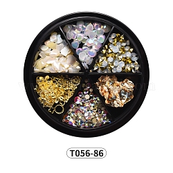 Kits de accesorios de decoración de uñas, incluir lámina de oro, chips de concha, rhinestone de acrílico, Diamantes de imitación de cristal, cabujones de resina y aleación, color mezclado, 1.5~22x3~34x0.5~2.5mm, 6 cuadrícula / caja