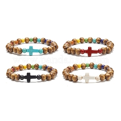 Bracelet extensible en perles de bois naturel et croix turquoise synthétique (teinte) pour femmes, couleur mixte, diamètre intérieur: 2-1/8 pouce (5.35 cm)