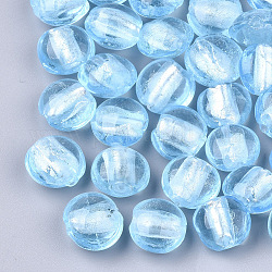 Handmade Silver Foil Lampwork Glass Beads, Flat Round, Light Sky Blue, 12~13.5x11.5~13.5x7.5~8.5mm, Hole: 1~2mm