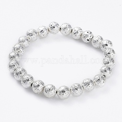 Bracelets extensibles en perles de lave naturelle galvanisées, Plaqué longue durée, ronde, Plaqué Argent, 2-1/4 pouce (5.6 cm), perle: 8.5~9 mm