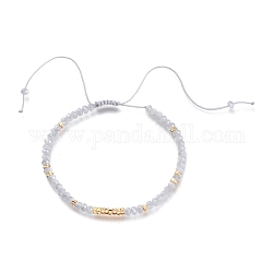 Bracelets de perles de nylon tressés réglables, avec des perles de verre à facettes et de véritables perles en laiton plaqué 18k or véritable, rondelle, fumée blanche, diamètre intérieur: 1-3/4~3-5/8 pouce (4.6~9.3 cm)
