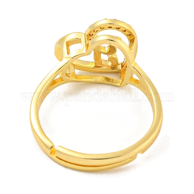 Сердце с буквой стойка покрытие латунь микро паве кубический цирконий регулируемые кольца для женщин RJEW-I105-06G-Y-1