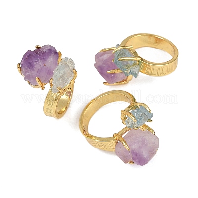 Кольца-манжеты с натуральным аметистом и аквамарином RJEW-K286-12G-02-1