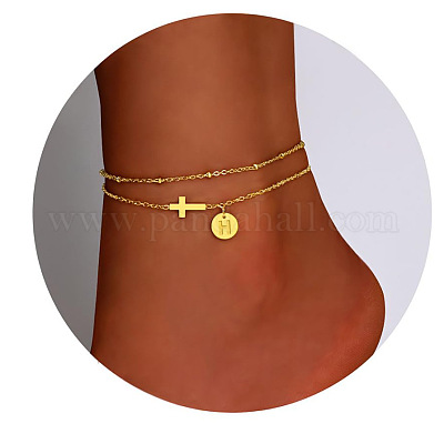 Браслеты на ногу из латуни с боковыми поперечными связями и плоскими круглыми начальными подвесками FS-WG12DAA-07-1