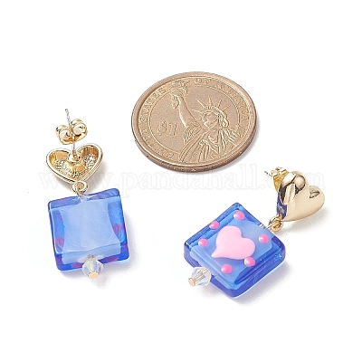 Прямоугольные серьги ручной работы лэмпворк с подвесками в форме сердца EJEW-JE05150-1