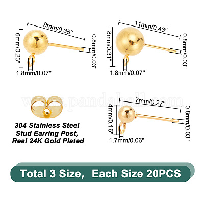 60 шт. фурнитура для сережек-гвоздиков из нержавеющей стали 304 3 размера STAS-PH0004-84-1
