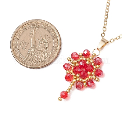 Ожерелья с подвесками из цветочного бисера ручной работы и стеклянных бусин цвета AB NJEW-MZ00084-01-1