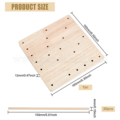 BENECREAT 6.3x6.3x0.47inch Handmade Wooden Blocking Board with 20pcs  5.9x0.16inch Round Wooden Sticks, Square Knitting Loom for Knitting Crochet  and