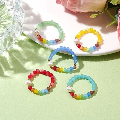 Эластичные кольца на палец из натурального культивированного пресноводного жемчуга и искусственного нефритового стекла RJEW-JR00674-1