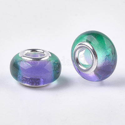 Crackle Resin European Beads, Large Hole Beads, with Silver Color Plated  Brass Cores, Rondelle, Mixed Color, 13.5~14x8.5~9mm, Hole: 5mm
