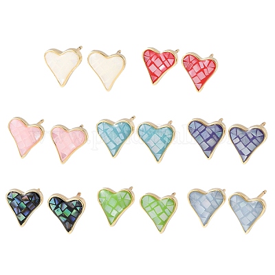 Серьги-гвоздики в форме сердца из латуни и эмали EJEW-I322-08G-1