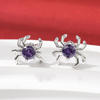 Серьги-гвоздики из латуни с микропаве из кубических цирконий в форме паука EJEW-L306-04P-01-1