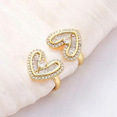 Серьги-манжеты в форме сердца из латуни с микропаве из прозрачных кубических цирконий EJEW-H158-21G-1