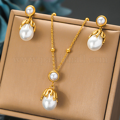 Ожерелье из нержавеющей стали 304 с пластиковым жемчугом и серьгой-гвоздиком FS-WG92D8A-04-1