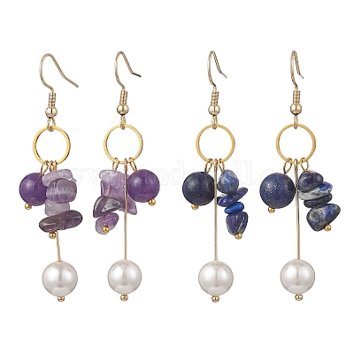 2 пара серег-подвесок с натуральным аметистом и лазуритом EJEW-JE06829-1