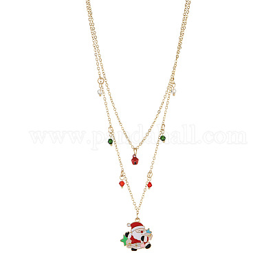 Двухслойные ожерелья для женщин с подвеской в виде Санта-Клауса из сплава эмали и биконуса из стекла FS-WGBB294-01-1