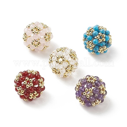 5шт 5 стиля натуральных и синтетических смешанных драгоценных камней и латунных плетеных бусин G-JF-4mm-M-1