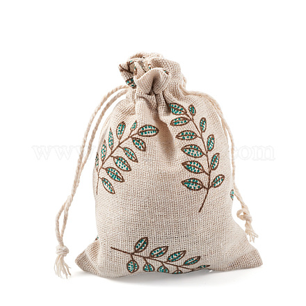 ポリコットン（ポリエステルコットン）パッキングポーチ巾着袋  印刷された葉  小麦  14x10cm ABAG-T004-10x14-16-1