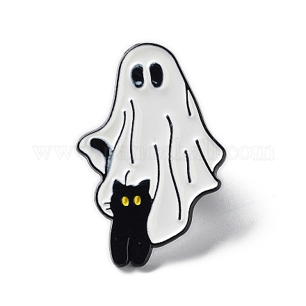 Ghost with Black Cat 合金エナメルブローチ  ハロウィンピン  ホワイト  29.5x20x1.5mm JEWB-E034-02EB-02-1