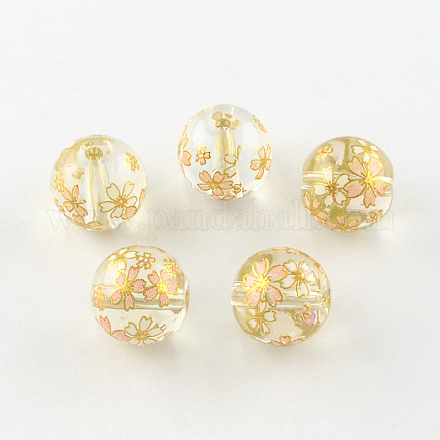 Perles rondes imprimées de motif de fleur rose en verre GFB-R004-12mm-U06-1