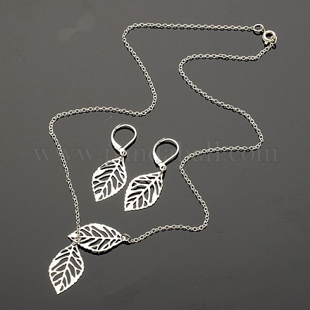 Set di gioielli con pendente a foglia in ferro placcato color argento: orecchini e collane SJEW-JS00799-1