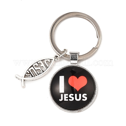 Amo il portachiavi con ciondolo in vetro con il simbolo di Gesù e il ciondolo a forma di pesce Gesù in lega KEYC-G058-01A-1