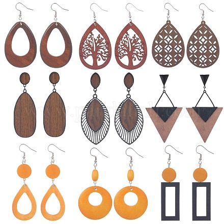 Sunnyclue 9 paire 9 style larme & rectangle & triangle boucles d'oreilles pendantes en bois naturel ensemble EJEW-SC0001-35-1