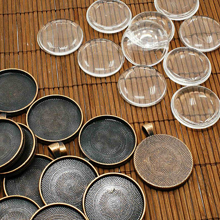 Nickel de style tibétain pendants sins cabochon supports et cercle en forme de dôme couvert de cabochon de verre clair TIBEP-MSMC021-35R-NF-1